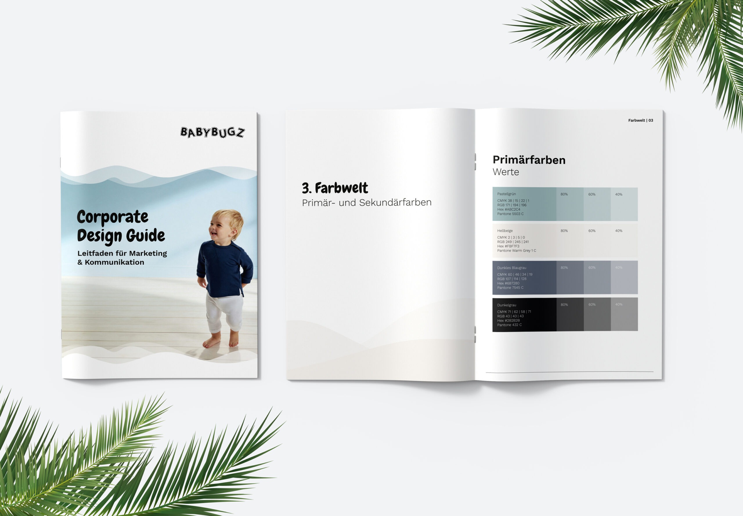 Aufgeschlagener Corporate Design Guide von Babybugz