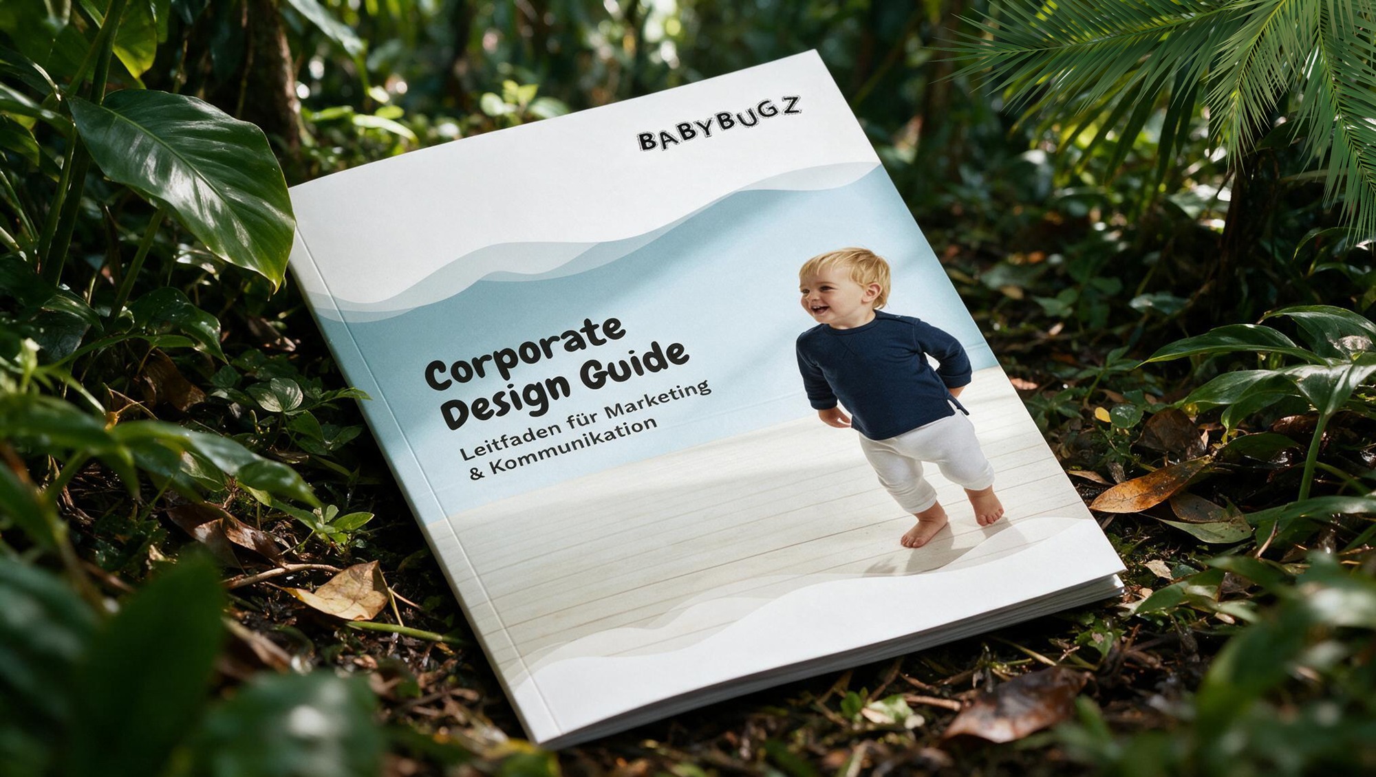 Der Corporate Design Guide liegt auf dem Boden im Dschungel