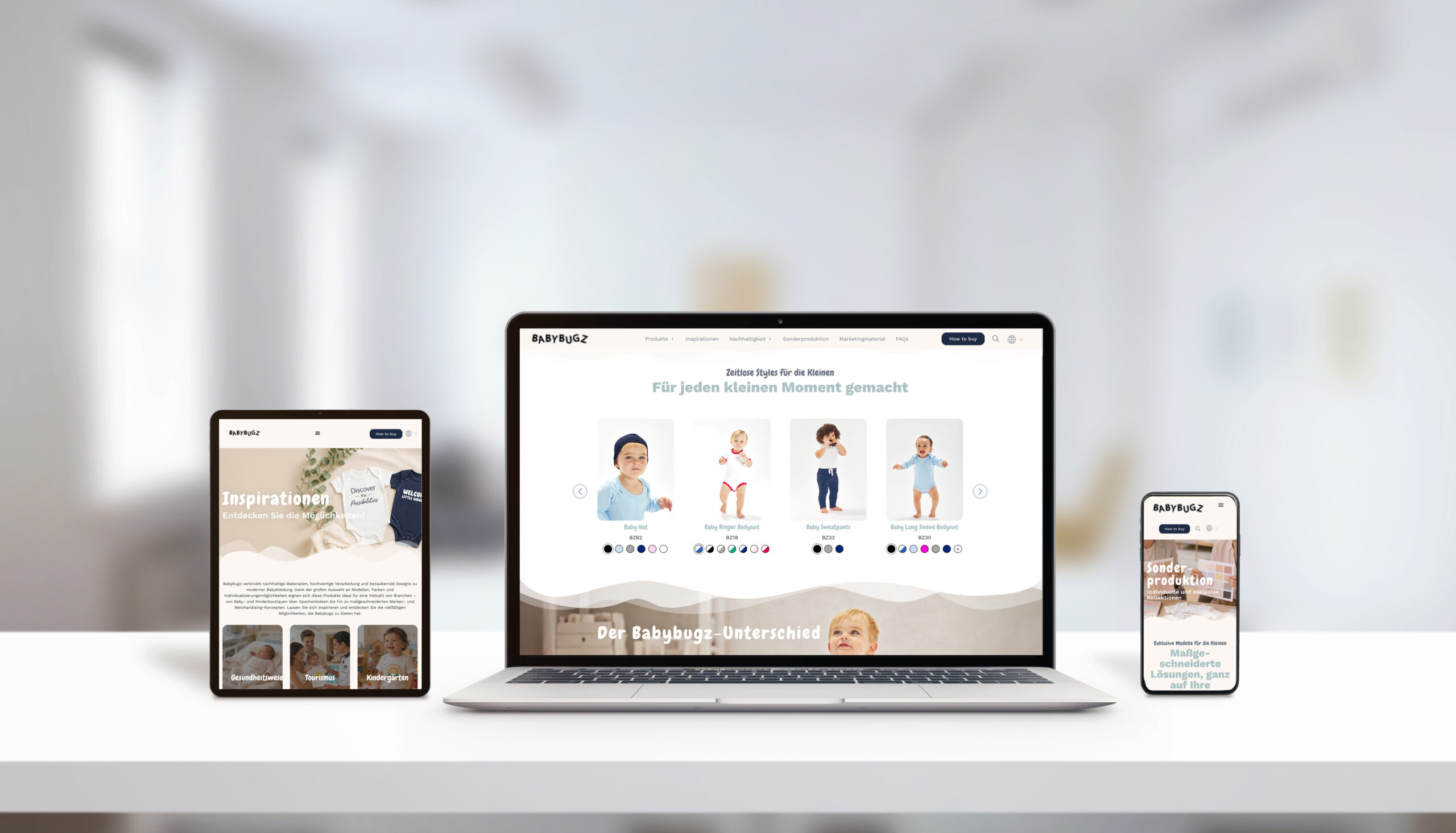 Laptop-, Tablet- und Handyansicht der babybugz-Webseite